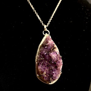 Purple Passion Amethyst Druzy Crystal Silver Pendant Necklace