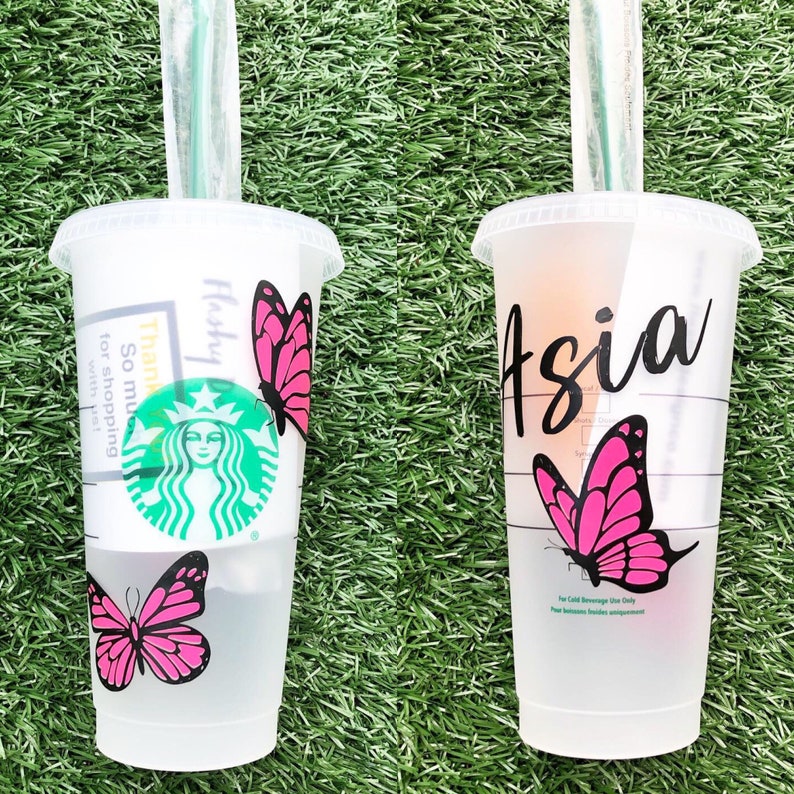 Pink Butterfly Starbucks Cup Personalized Name Reusable Cold Tumbler.