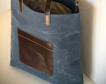 Blue Canvas Tote Bag with Leather Pocket, Zipper top closure | Waxed Canvas Tote | Canvas Tote Bag | Large bag | Handmade