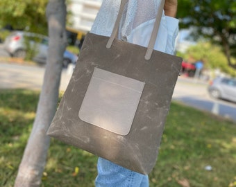 Sand Brown Canvas Tote Bag with Leather Pocket, Zipper top closure | Waxed Canvas Tote | Canvas Tote Bag | Large bag | Handmade