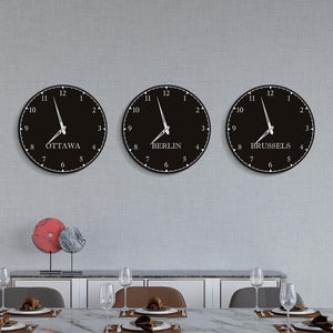 Multiple time zone wall clock, custom city wall clock with print, world time zone office clock, modern wood wall clock for hotel decor
