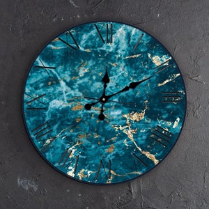 Resin wall clock, Turquoise wall clock, Wall clock unique large, Blue wall clock, Marble wall clock, Oversized wall clock modern