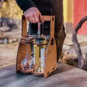 Wine caddy wood, Wine tote with glasses, Wine carrier, Wood beer caddy, Wine lover gift, Wine glass caddy