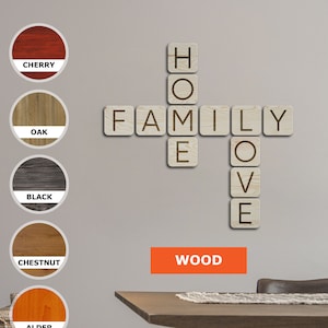 Letras de scrabble de madeira, letras de scrabble de parede, azulejos de scrabble de família, arte de parede de azulejos de Scrabble, decoração de parede de azulejos de Scrabble, presentes de Scrabble