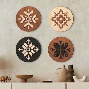 Aztec wood wall art, Round wood wall art, Aztec wall decor, Aztec geometric wall hanging, Boho wood wall art, Geometric wood wall decor