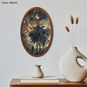 Incantevole dipinto di luna piena, targa da parete ovale in legno, decorazione da parete con cielo scuro, arte con luna e stelle, stampa di luna vittoriana, cartello notturno mistico