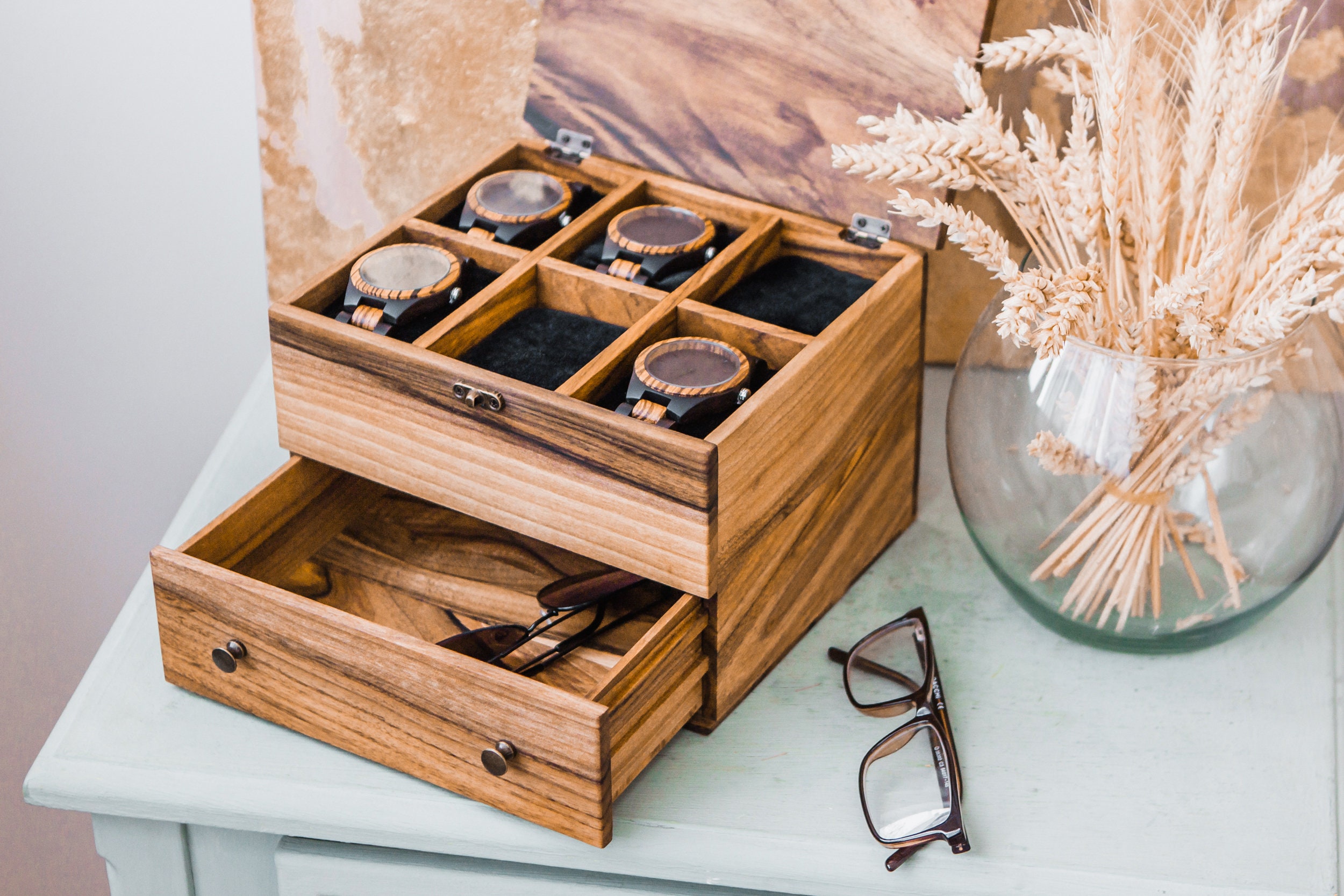 Watch Box Case & Mens Jewelry Box Organizer with 3 Sunglasses Display Box