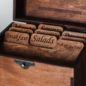 Séparateurs de boîtes de recettes personnalisées, boîte de recettes en bois, boîte de recettes gravée, porte-cartes de recette, boîte de recette unique, organisateur de recettes, porte-recettes