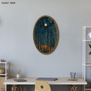 Decorazione murale "Luna nella foresta", "Tramonto nella foresta" su tela, "Targa murale ovale con albero dorato", "Dipinto rustico della foresta", "Stampa ovale del paesaggio Cottagecore"