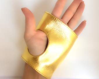 Leather fingerless gloves Gold party gloves