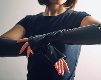Mitaines longues en cuir, Gants cosplay noirs pour femmes