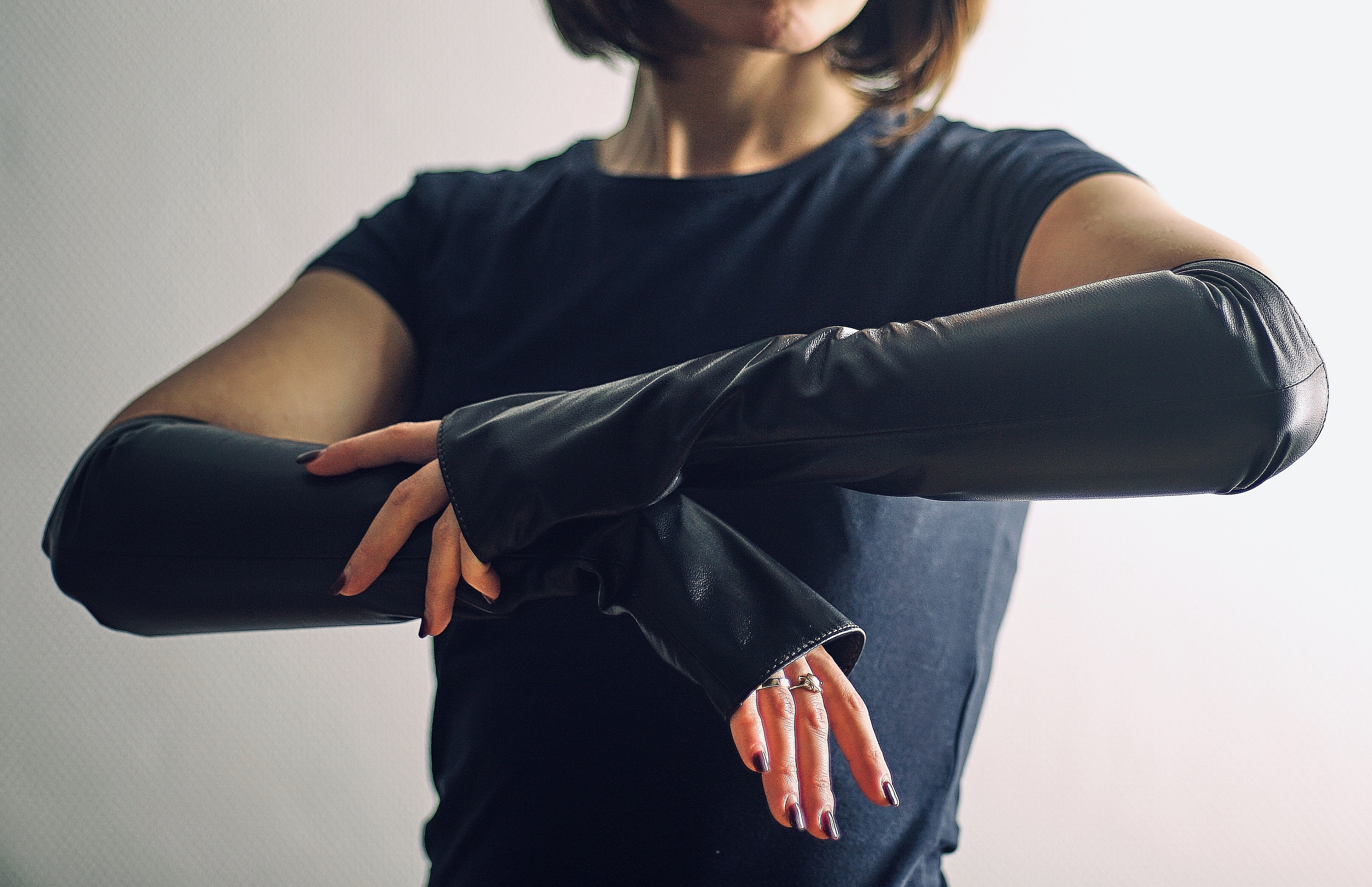 Long leather gloves fingerless Black women glove