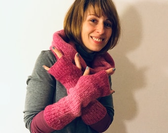 Long alpaca knitted gloves fingerless,Cashmere mittens for women Pink color