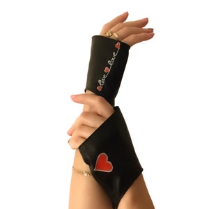 Leather gloves fingerless, Texting gloves, Love Art Painted
