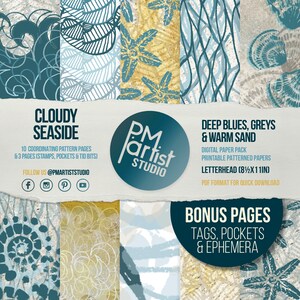 PAPEL IMPRIMIBLE DIGITAL / Mar nublado / Grises azules profundos y papeles estampados decorativos de arena cálida / Estrella de mar, Nautilus, Conchas, Olas