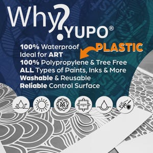May include: A promotional image for YUPO plastic art supplies. The image features the text "Why YUPO?" and highlights features like being waterproof, tree-free, and suitable for various paints and inks. The background has a decorative pattern.