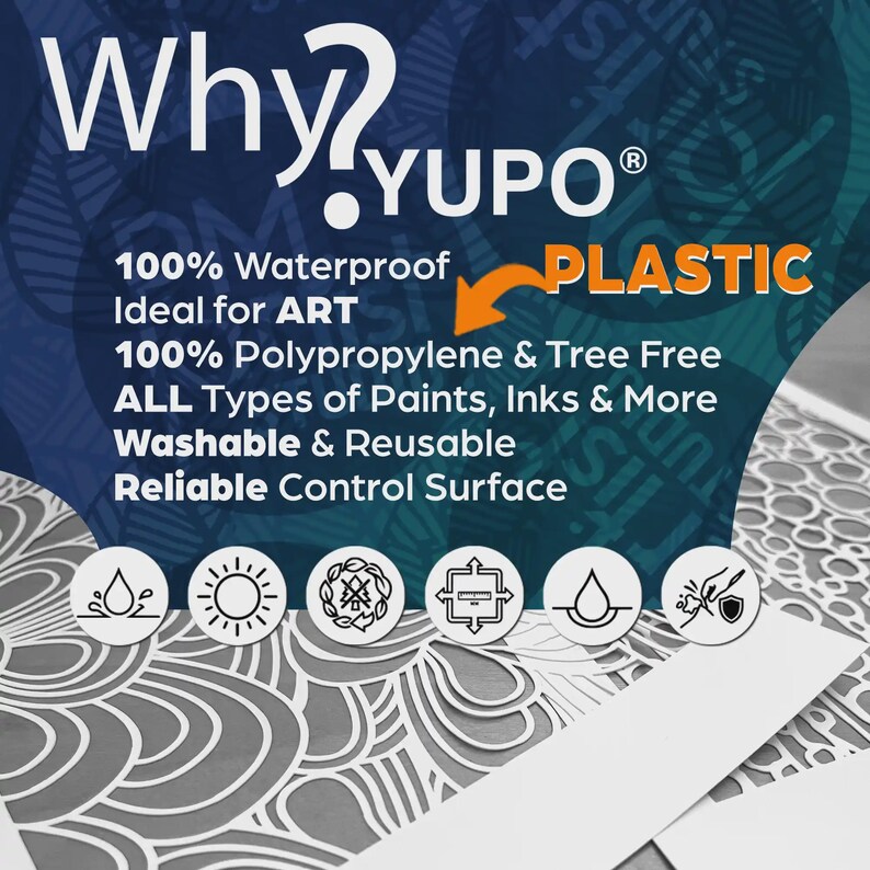 May include: A promotional image for YUPO plastic art supplies. The image features the text "Why YUPO?" and highlights features like being waterproof, tree-free, and suitable for various paints and inks. The background has a decorative pattern.