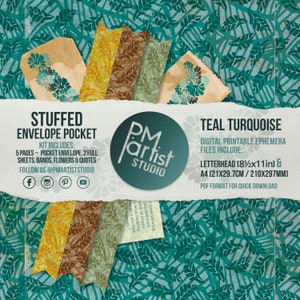 May include: A digital printable ephemera kit with a teal and turquoise floral design. The kit includes a stuffed envelope pocket, full sheets, bands, flowers, and quotes. The letterhead is 8.5x11 inches and A4 (21x29.7cm).