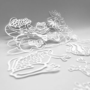 MASQUE | Grenouilles et Lys | Technique mixte par Susan DuFresne | Idéal pour l'impression de plaques de gel, l'argile polymère, la peinture et la pâte de texture