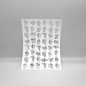 May include: A white sheet of paper with black ink markings. The markings are in a variety of styles and sizes, and some of them appear to be Chinese characters.