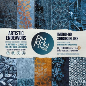 Op de afbeelding: Een digitaal papierpakket met 10 patronen in indigo blauw en goud. Het pakket bevat 22 pagina's met papier in de formaten vol, half, kaart en ephemera. Het papierpakket heeft de titel "Indigo-Go Shibori Blues" en is verkrijgbaar in de formaten briefpapier (8,5 x 11 inch) en A4 (21 x 29,7 cm).
