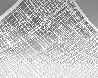 May include: A white paper cut-out with a grid pattern of intersecting lines. The lines create a woven or web-like design, with varying densities and angles. The paper is slightly curved, adding depth and dimension to the artwork.
