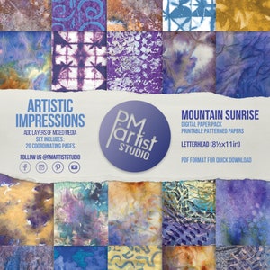 Könnte beinhalten: Ein digitales Papierpaket mit dem Titel "Mountain Sunrise" mit bedruckbaren Papieren mit Mustern. Das Bild zeigt eine Collage von Aquarell-Designs in Blau-, Lila- und Goldtönen. Der Text enthält "Artistic Impressions" und "PM Artist Studio". Das Format ist 21,6 x 27,9 cm.