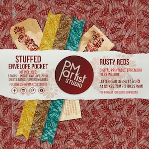 May include: A digital ephemera kit titled "Stuffed Envelope Pocket" with a "Rusty Reds" theme. The kit includes printable letterhead (8.5x11 in) and A4 (21x29.7cm) files. The image features decorative bands and floral elements.