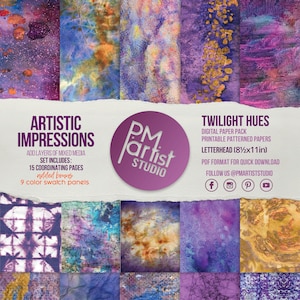Könnte beinhalten: Ein digitales Papierpaket namens "Twilight Hues" mit bedruckbaren Papieren mit Mustern. Das Bild zeigt abstrakte Designs in Lila, Gold und Blau. Der Text enthält "Artistic Impressions" und "PM Artist Studio". Das Papierformat ist 21,6 x 27,9 cm.