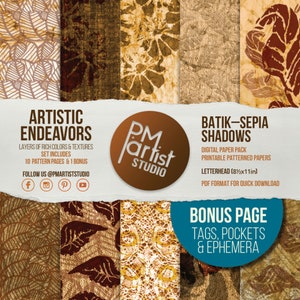 Könnte beinhalten: Digitales Papierpaket mit Batik-Mustern in Sepia-Tönen. Das Paket enthält 10 Musterseiten und eine Bonusseite mit Tags, Taschen und Ephemera. Das Format ist Letterhead (21,6 x 27,9 cm). Verfügbar als PDF-Download.