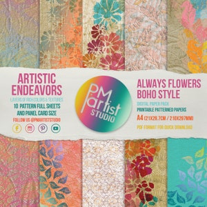 Op de afbeelding: Digitaal papierpakket met tien vellen met bloemen- en textuurontwerpen. De bedrukbare papieren van A4-formaat (21 x 29,7 cm) zijn in boho-stijl, met rijke kleuren en texturen. De tekst luidt "Artistic Endeavors" en "Always Flowers".