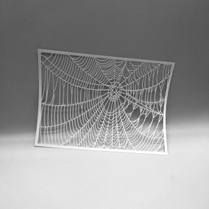 May include: A white, paper-cut spiderweb design. The web is intricately detailed with radial and concentric lines, creating a realistic and decorative effect. The edges of the paper are slightly curved, adding a subtle dimension to the artwork. Ideal for Halloween decor.