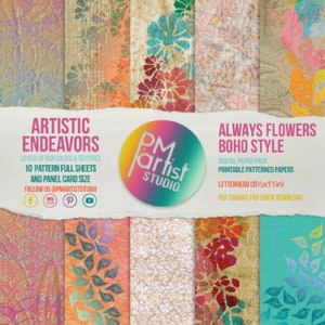 CARTA STAMPABILE Carta intestata / Impegni artistici / Fiori sempre in stile Boho Carte con motivi decorativi / Foglie colorate Fiori Tessili