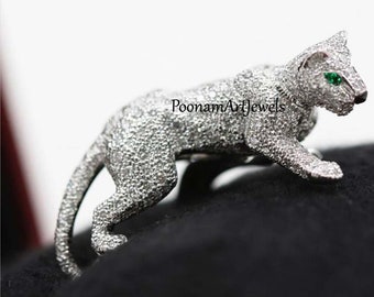 Pave Diamond Tiger Ring: Emerald Eye, Sterling Silver Victorian Jewelry