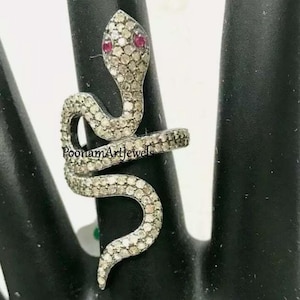 Rose Cut Diamant Schlangen Ring: Rubin Augen, Sterling Silber Schmuck