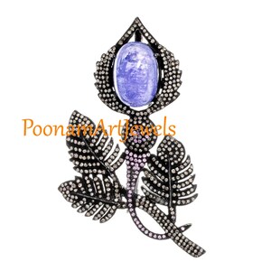 Brooch Natural Rosecut Pave Diamond Tanzanite 925 Solid Sterling Silver Brooch Solid Silver Jewelry PoonamArtJewels