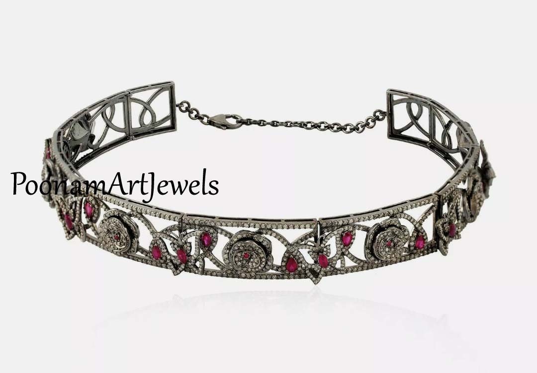 Genuine Rose Cut Diamond and Ruby Necklace Jewelry Solid 925 Sterling ...