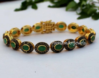 Pulsera de diamantes y esmeralda: joyería victoriana de plata de ley 925 pavé hecha a mano