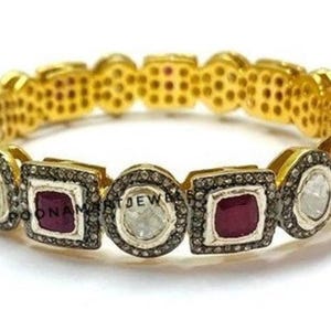 Brazalete victoriano de plata de ley con diamantes y rubíes de talla rosa