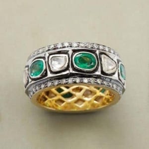 Natürliche Rose Cut Diamant Uncut Diamant Polki Smaragd Bandring Massiv 925 k Sterling Silber viktorianischen Schmuck Ring Schmuck