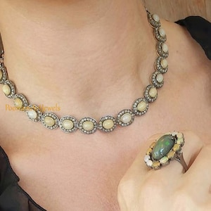 Natural Rose Cut Diamond And Opal Necklace Jewelry 925 Sterling Silver Jewelry Wedding Jewelry Anniversary Gifts Jewelry Women&#39;s Jewelry