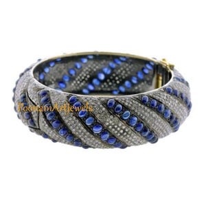 Natural Pave Diamond & Blue Sapphire Bangles Jewelry Solid 925 Sterling Silver Jewelry Genuine Diamonds And Gemstone Bangles And Bracelets