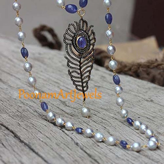 Tanzanite Pearl And Diamond Necklace Natural Rose Cut Diamond