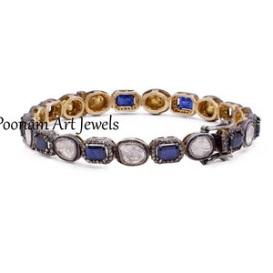 Natural Rose Cut Diamond Uncut Diamond Polki Sapphire Bangle Solid 925k Sterling Silver Victorian Bangle Jewelry