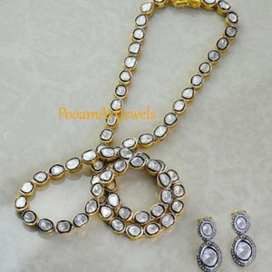 Natural Uncut Diamond Polki Chain Necklace With Earrings Set Jewelry Solid 925 Sterling Silver Jewelry Victorian Style Wedding Jewelry