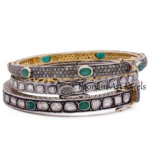 Natural Rose Cut Diamond Uncut Diamond Polki Emerald Bangle Solid 925k Sterling Silver Victorian Bangle Jewelry