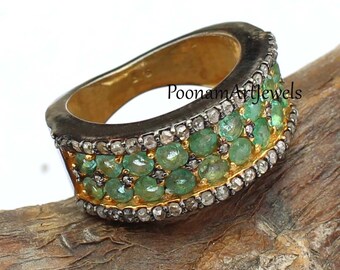 Emerald & Rose Cut Diamond Ring, Sterling Silver Victorian Handmade Jewelry