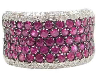 Handmade Pave Diamond & Rose Cut Ruby Ring: Sterling Silver Victorian Jewelry