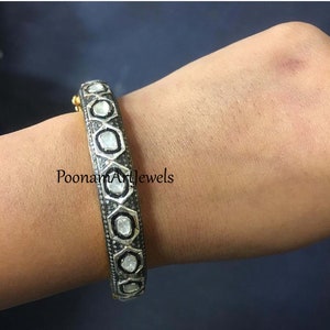 Natural Rose Cut Diamond Uncut Polki Bangle Solid 925 Sterling Silver Victorian Bangle Jewelry Pave Diamond Bangle Diamond Jewelry
