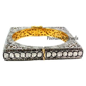 Natural Rose Cut Diamond Uncut Diamond Polki Gold Bangle Solid 925k Sterling Silver Victorian Bangle Jewelry PoonamArtJewels